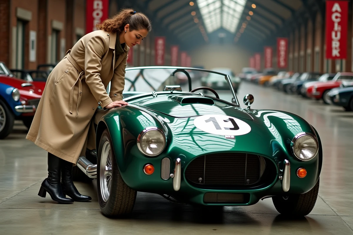 Acheteuse inspectant une Cobra originale lors d'une vente aux enchères de voitures de collection