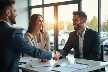 Homme et femme souriants serrant la main avec un vendeur de voiture dans un concessionnaire lumineux