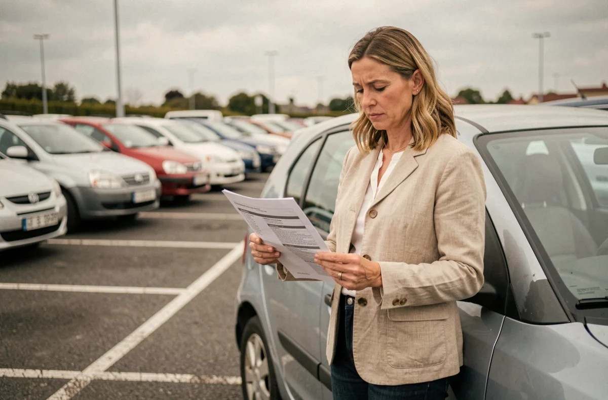 Femme examinant le rapport d'historique d'un véhicule d'occasion équipé d'un moteur TCe avant achat