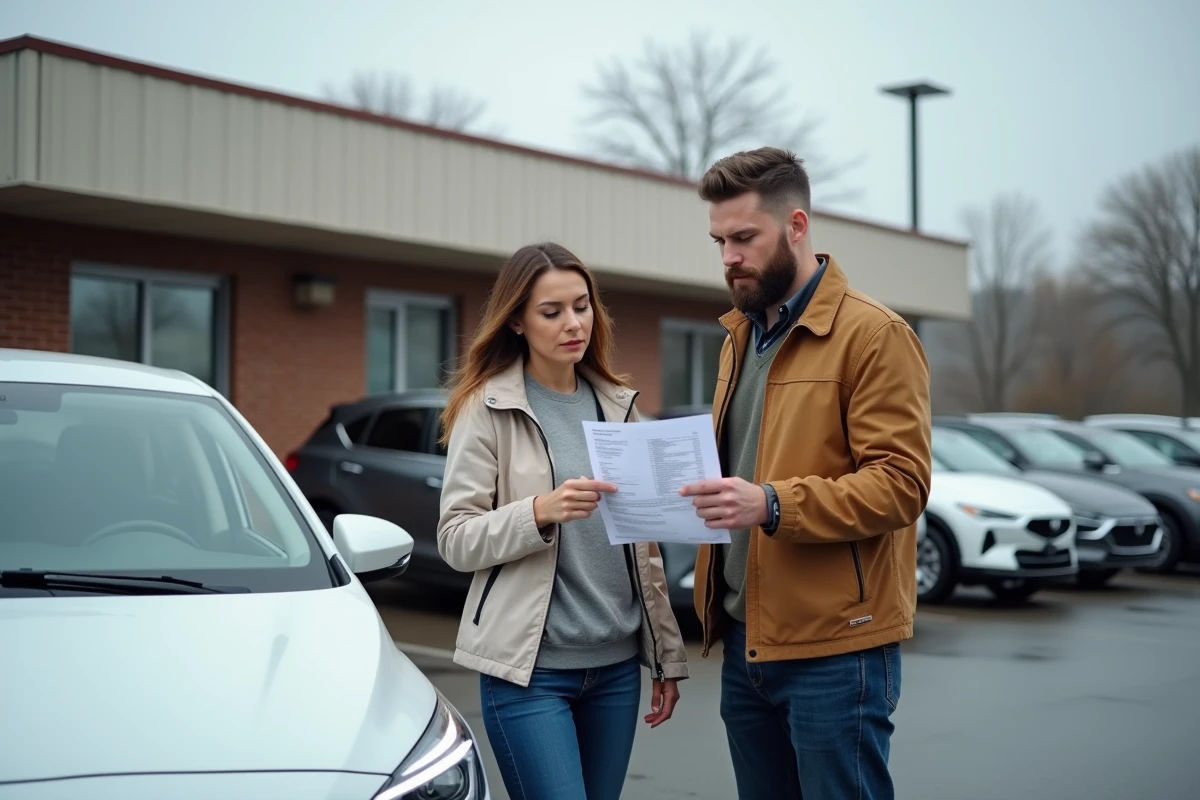 Couple d'acheteurs consultant un rapport d'historique de véhicule pour éviter une voiture à problèmes lors d'un achat d'occasion
