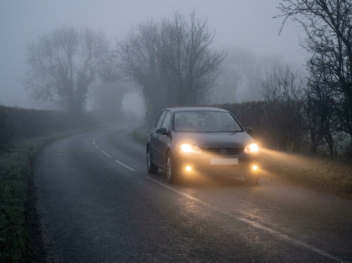 Une citadine roulant sur une route brumeuse avec les feux de brouillard et de croisement adaptés aux conditions