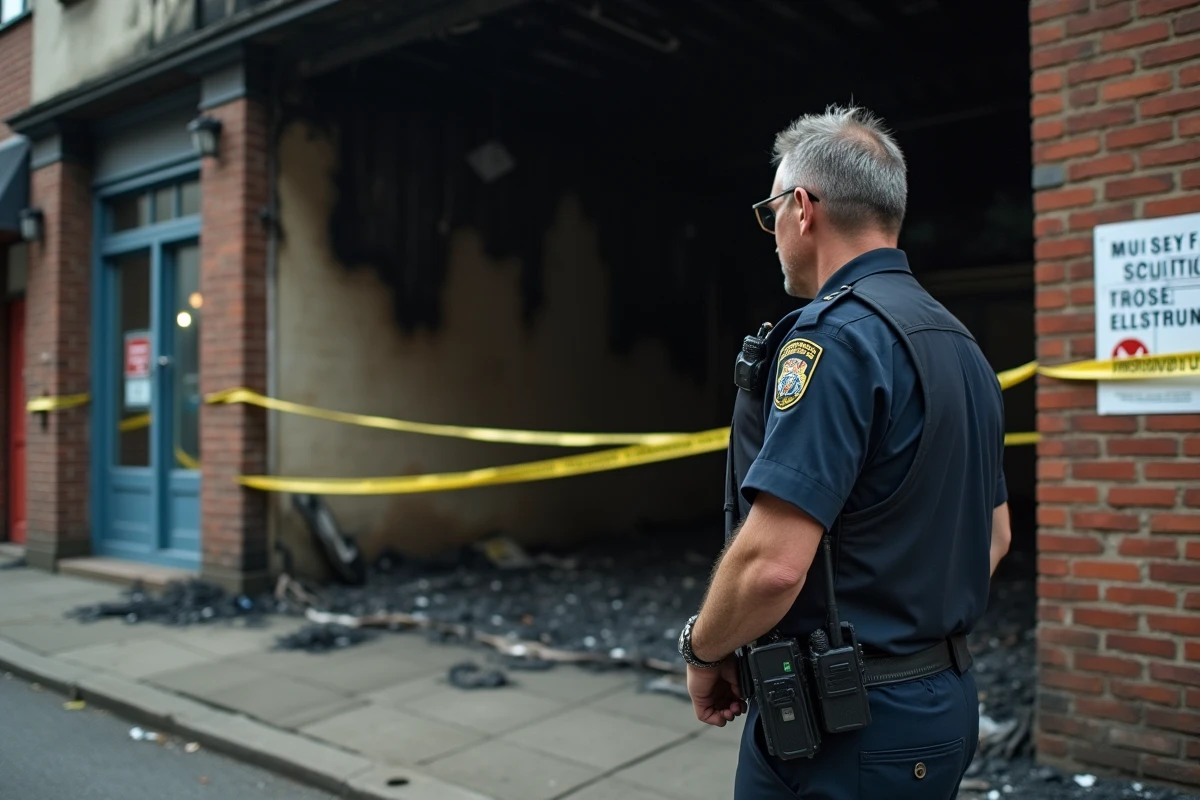 Agent de gardiennage surveillant un bâtiment commercial sinistré après incendie