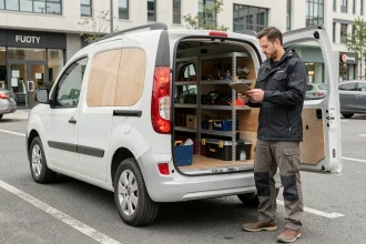 Aménagement intérieur d'un Renault Kangoo électrique avec étagères modulaires et plancher bois, portes arrière ouvertes dans un parking urbain