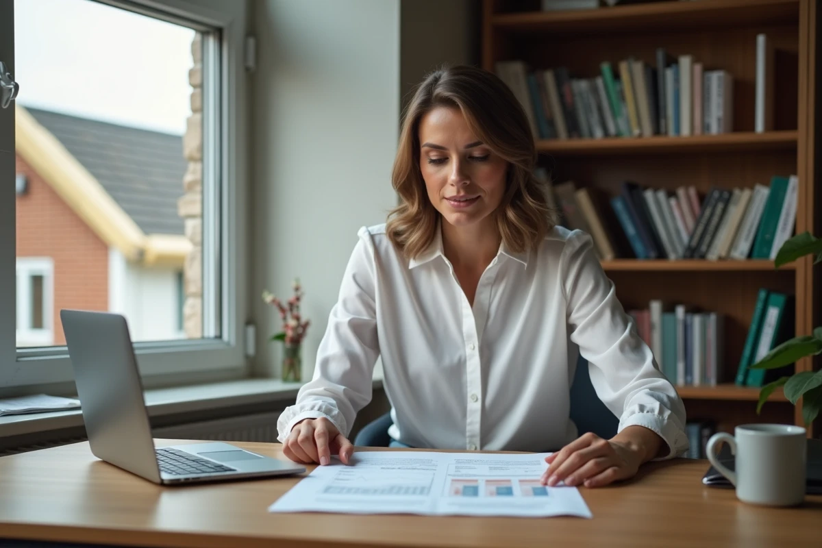 Femme analysant les documents d'assurance et les frais de gardiennage après un sinistre à domicile