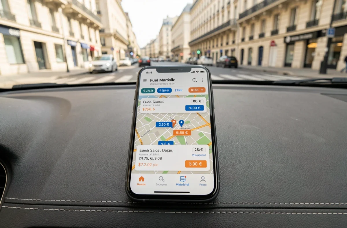 Application de comparaison des prix de l'essence sur smartphone avec carte des stations-service de Marseille affichée à l'écran