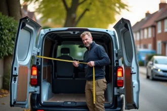 Ouvrier mesurant un van Trafic dans un quartier résidentiel