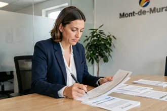 Femme consultant un contrat d'assurance auto dans une agence à Mont-de-Marsan