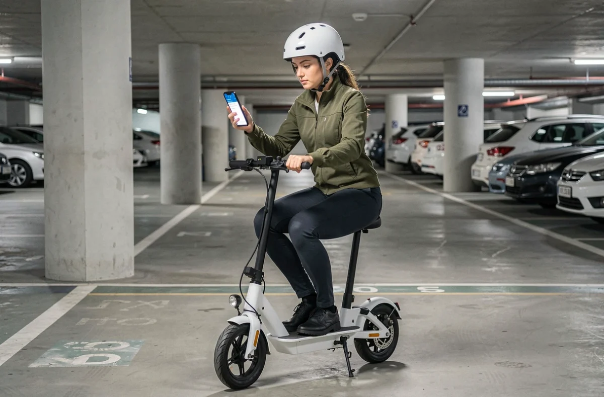 Femme casquée sur scooter Wayscral consultant une assurance sur smartphone en parking