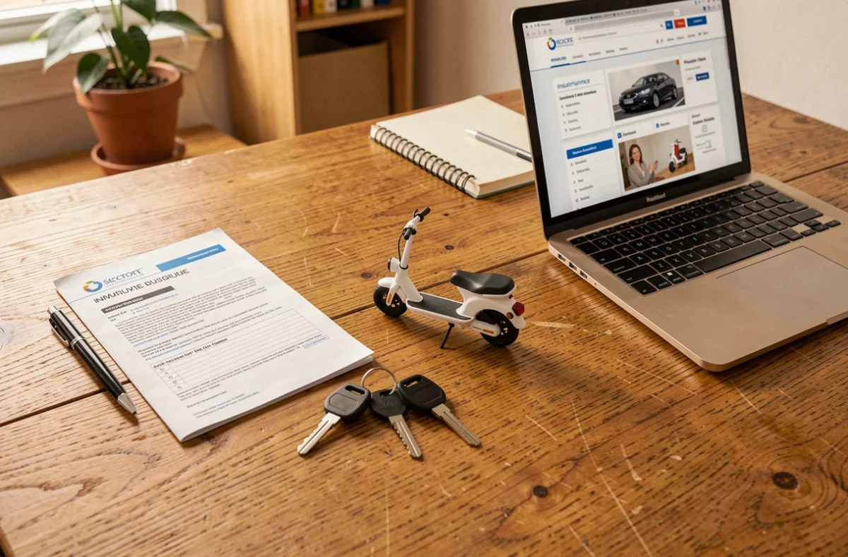 Flat-lay bureau avec documents assurance scooter Wayscral, clés et ordinateur portable