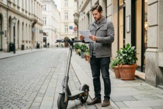 Homme consultant un document d'assurance scooter Wayscral sur un trottoir urbain