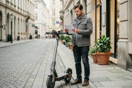 Homme consultant un document d'assurance scooter Wayscral sur un trottoir urbain
