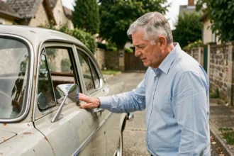 Homme inspectant une vieille voiture classique des années 70 dans une allée résidentielle, illustrant l'assurance auto pour véhicule de plus de 20 ans