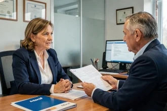 Une assurée discutant de son sinistre avec un agent général Macif dans un bureau professionnel