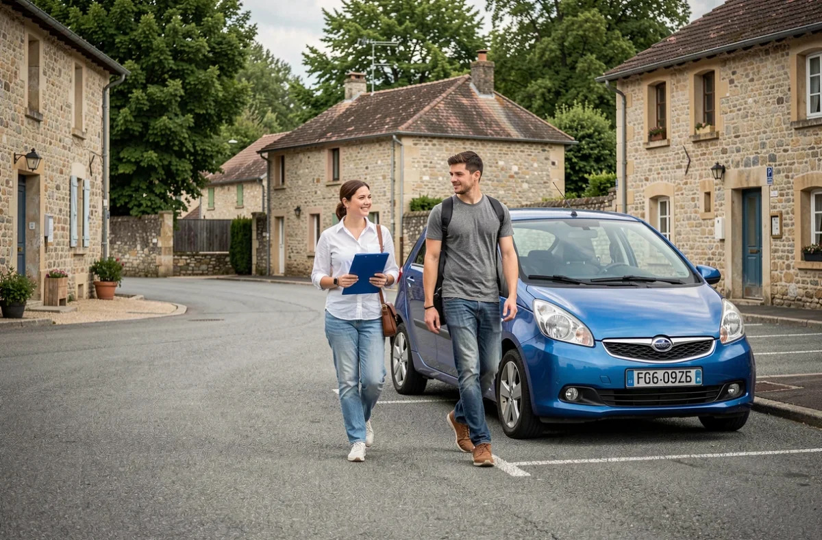 Monitrice Marie Line Bourget et un élève se dirigeant vers le véhicule école dans un parking de Corrèze