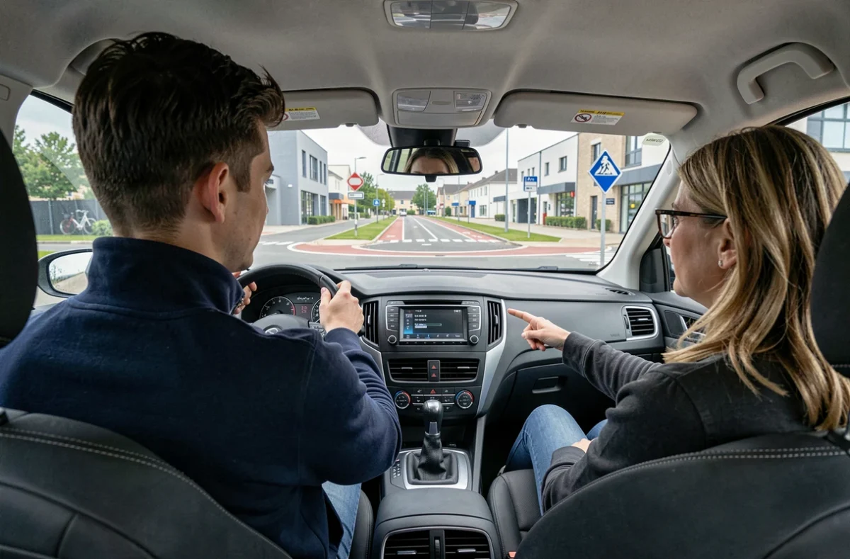 Élève et monitrice en voiture dans un rond-point de la zone commerciale moderne de Chambray-lès-Tours