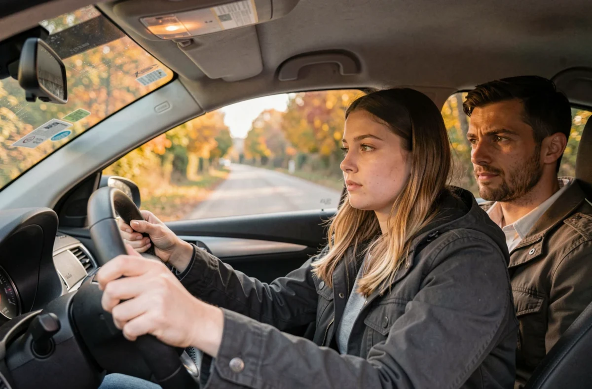 Élève de l'auto-école Conduite Plus conduisant sur une route de Corrèze avec son moniteur