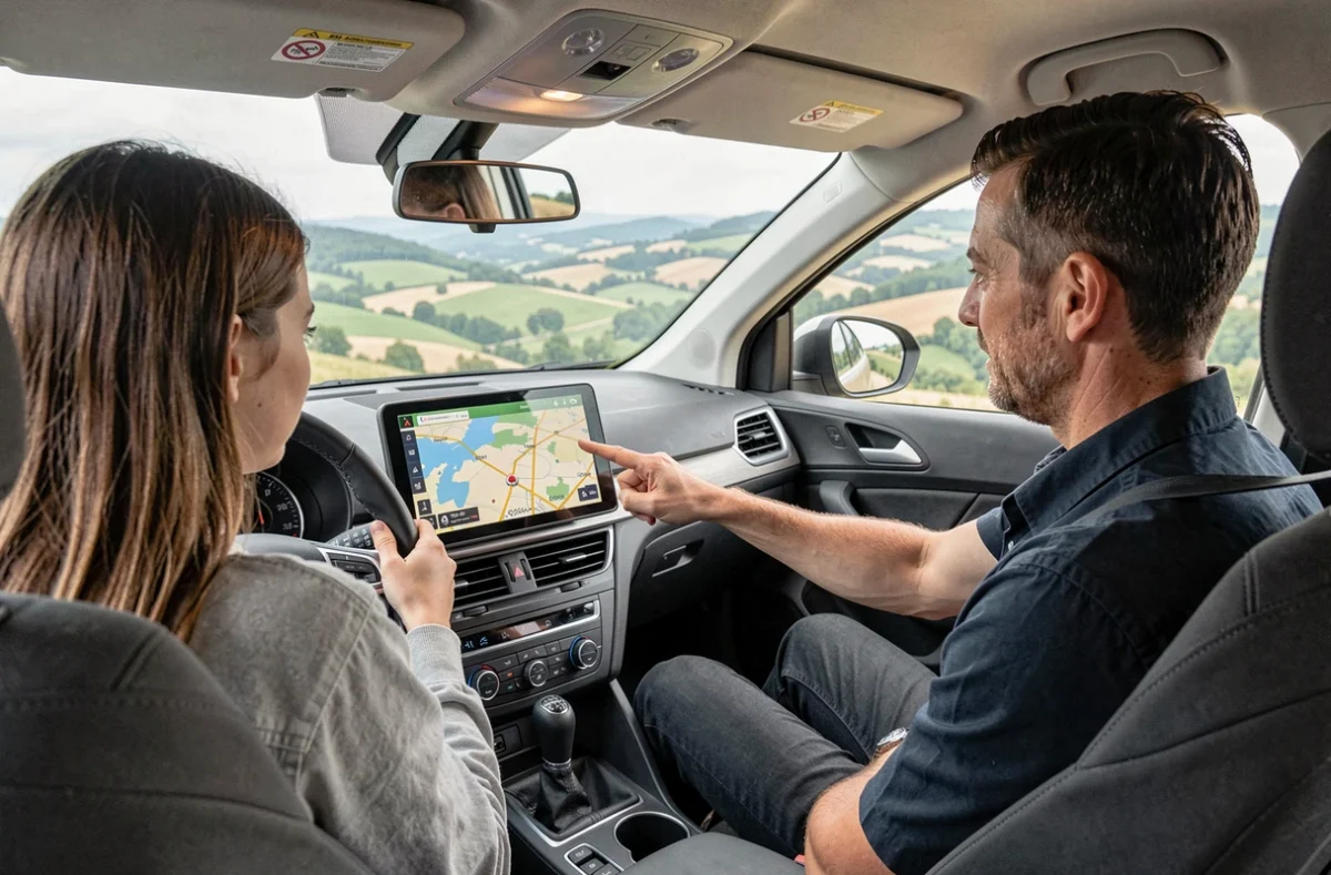 Élève et moniteur de Driving Plus consultant un GPS dans un véhicule école avec vue sur la campagne corrézienne