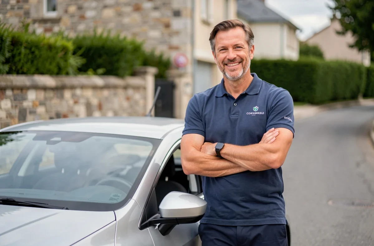Moniteur de l'auto-école Horizon Conduite posant devant son véhicule dans une rue corrézienne