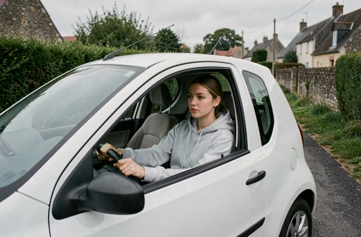 Jeune femme au volant d'une voiture d'auto-école dans un village rural près de La Membrolle-sur-Choisille en Indre-et-Loire