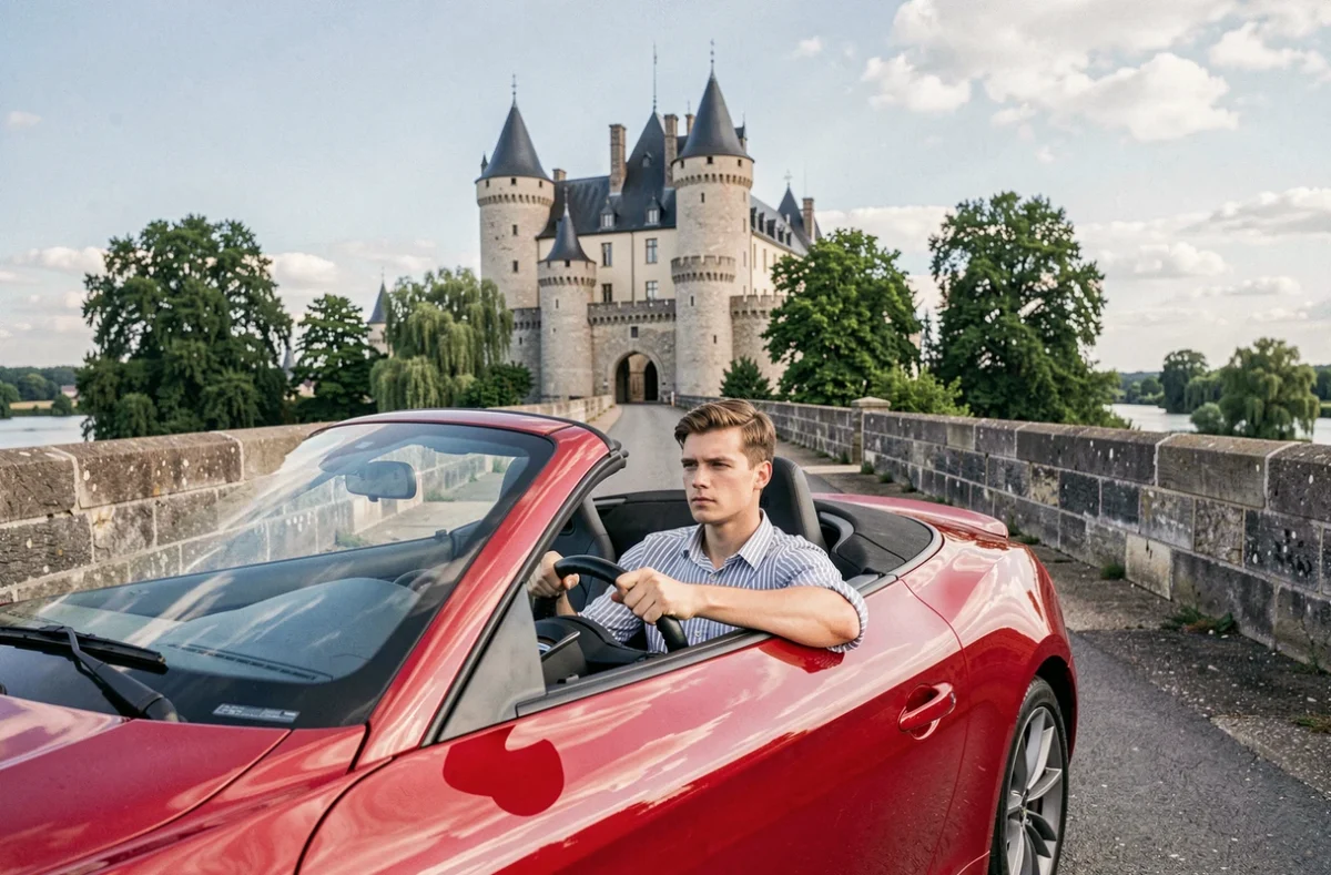 Élève conducteur au volant d'une voiture d'auto-école avec le château de Langeais visible en arrière-plan