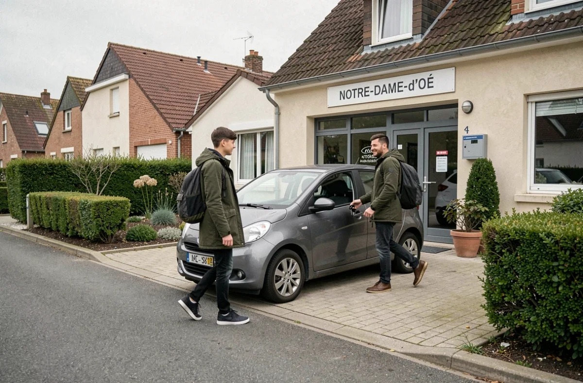 Élève rejoignant un moniteur devant une auto-école de quartier pavillonnaire à Notre-Dame-d'Oé près de Tours