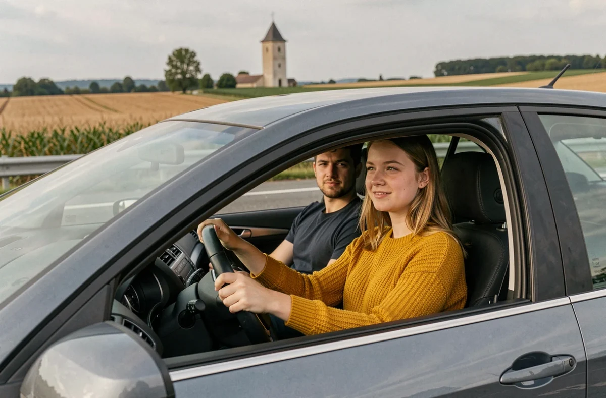 Élève conductrice sur une route de la Touraine près de Sainte-Maure-de-Touraine avec un paysage de plateau agricole en arrière-plan