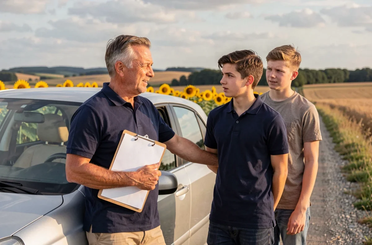 Moniteur d'auto-école et élève sur une route de campagne typique des environs de Savigné-sur-Lathan en Touraine