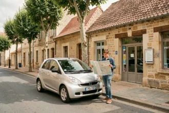 Vue générale d'une rue tourangelle avec une auto-école et un instructeur accompagnant un élève conducteur devant une voiture d'apprentissage