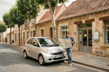 Vue générale d'une rue tourangelle avec une auto-école et un instructeur accompagnant un élève conducteur devant une voiture d'apprentissage