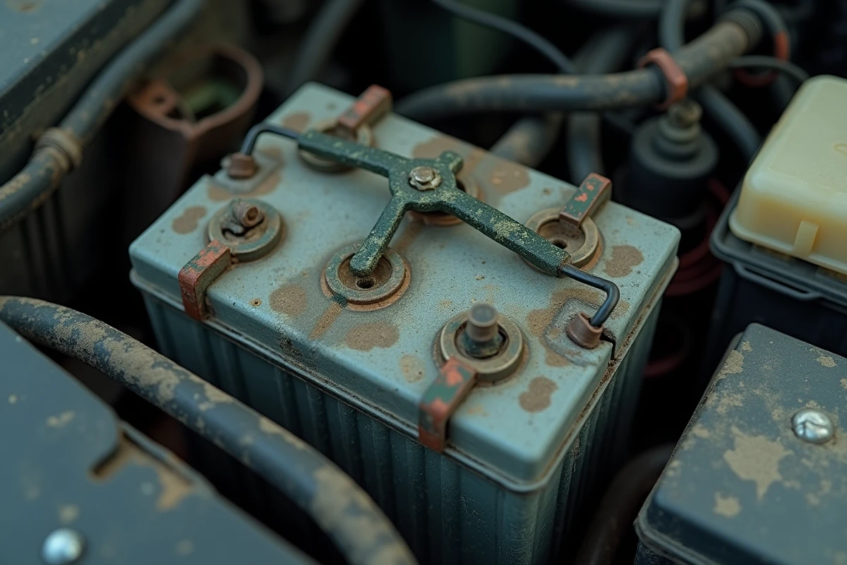 Batterie de voiture corrodée avec cosses oxydées dans le compartiment moteur