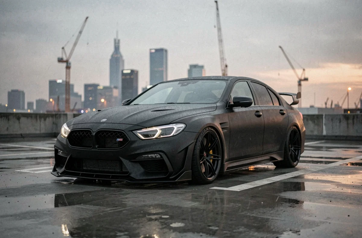 Berline haute performance préparée Brabus avec kit carrosserie aérodynamique sur parking urbain sous la pluie