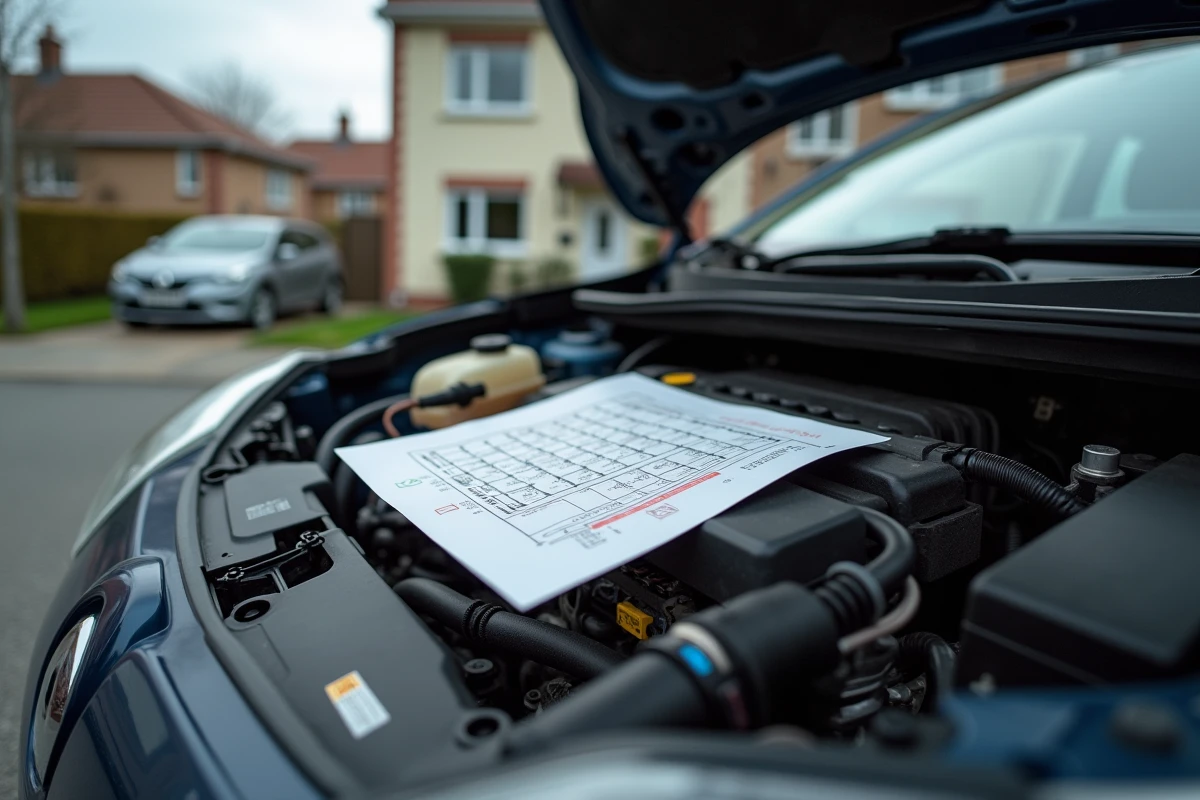 Boîtier de fusibles et faisceau électrique moteur d'une Renault Mégane 3 avec schéma de panne posé sur le moteur