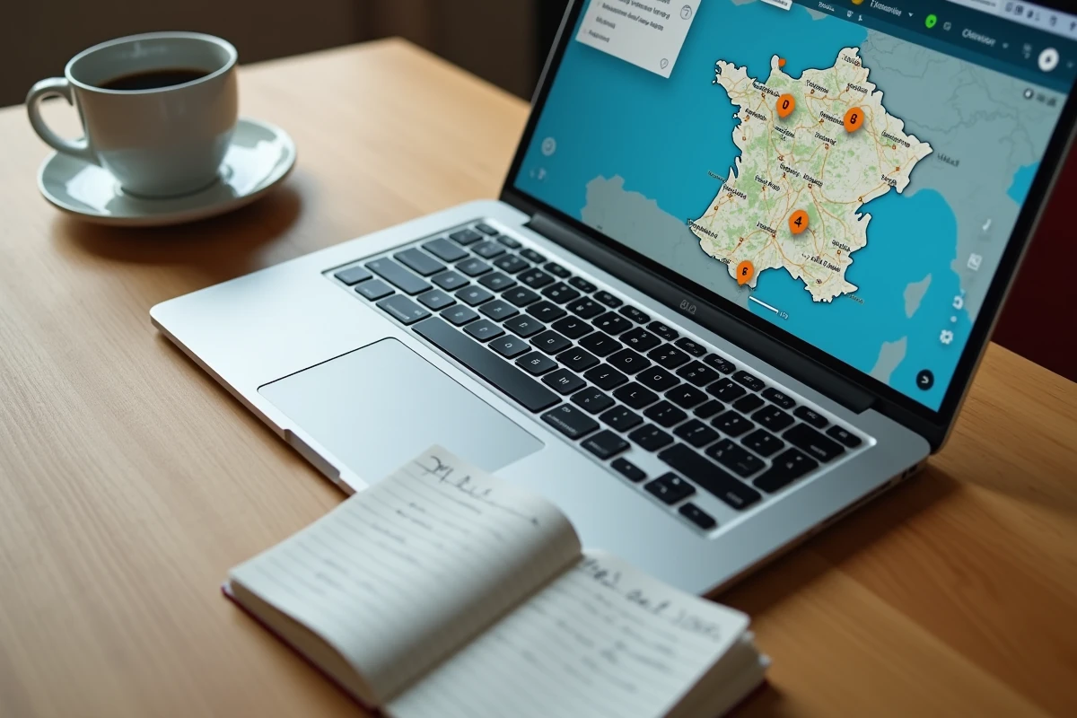 Vue en plongée d'un bureau avec un ordinateur portable affichant une carte interactive des stations essence E85 en France