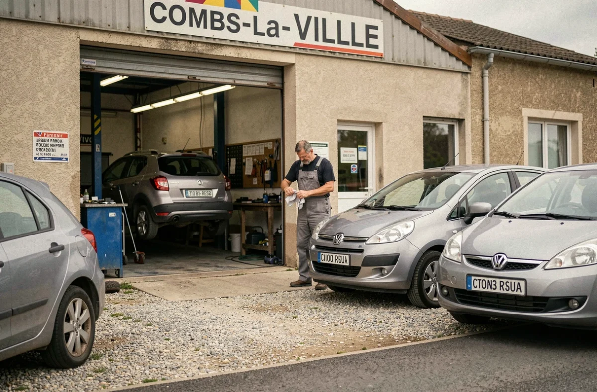 Carrosserie du Bois de Combs à Combs-la-Ville avec des véhicules de location garés devant l'atelier