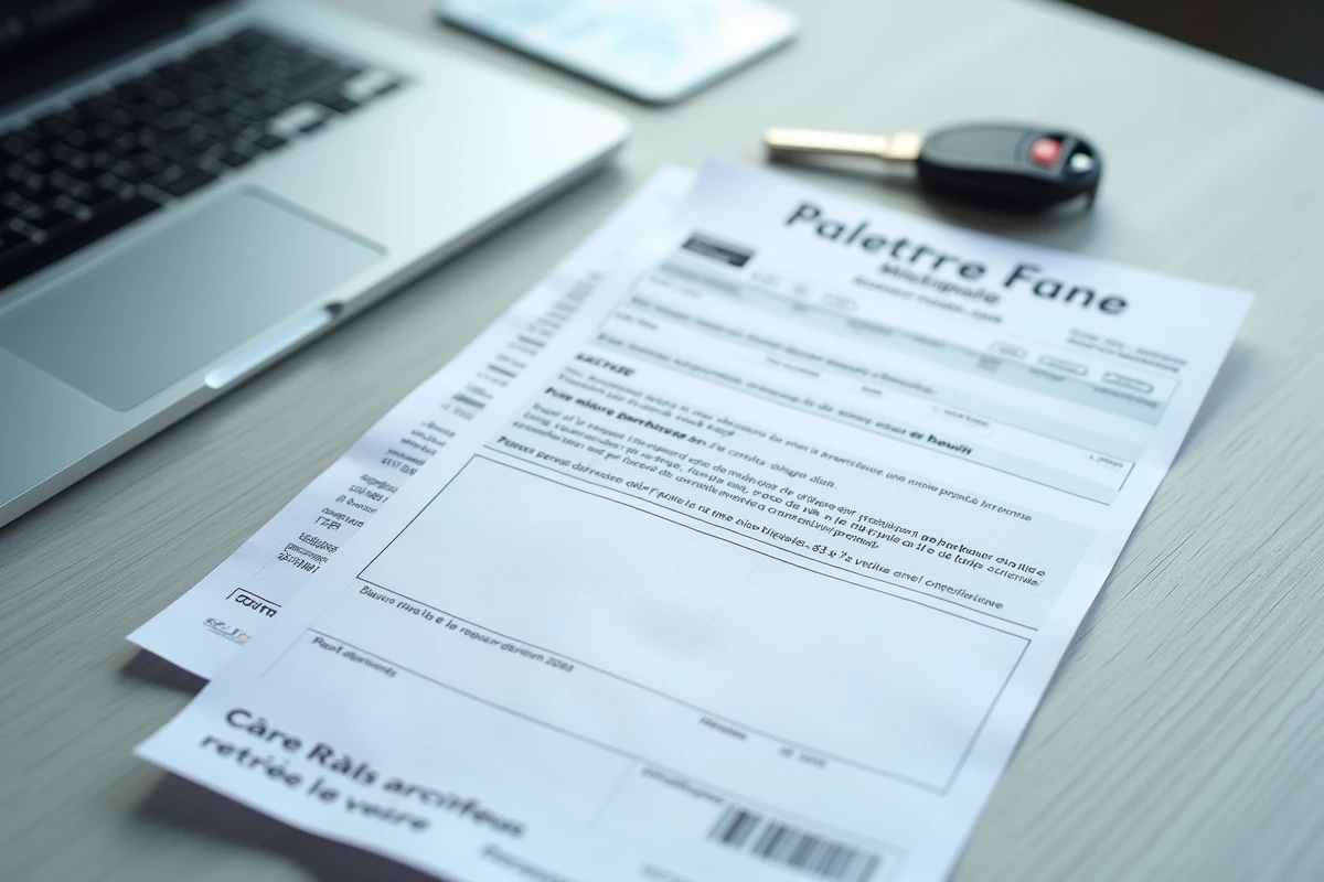 Gros plan d'une carte grise et d'un procès-verbal de stationnement posés côte à côte sur un bureau avec des clés de voiture