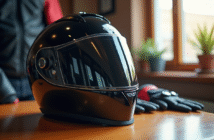 Casque moto ABS brillant sur une table en bois