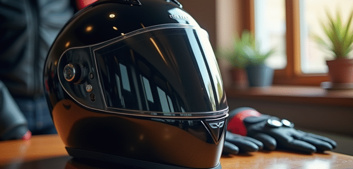 Casque moto ABS brillant sur une table en bois