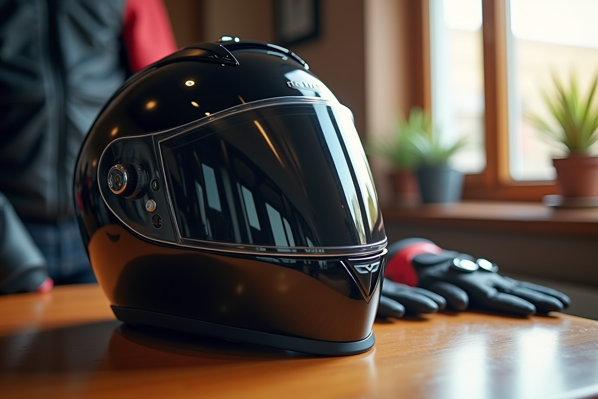 Casque moto ABS brillant sur une table en bois