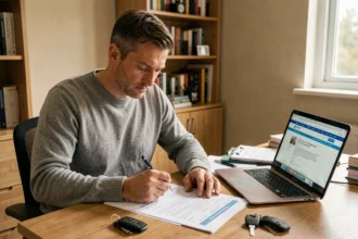 Homme complétant un certificat de cession de véhicule sur papier à son bureau avec un ordinateur affichant le site ANTS