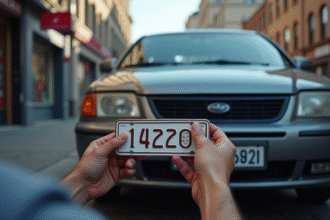 Voiture en ville avec mécanicien changeant la plaque
