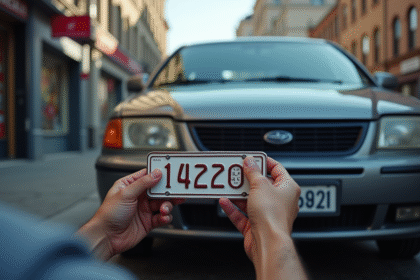 Voiture en ville avec mécanicien changeant la plaque