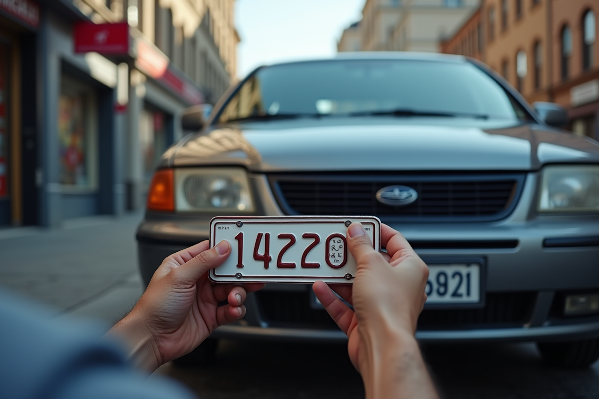 Voiture en ville avec mécanicien changeant la plaque