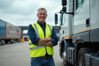 Conducteur de camion homme debout à côté d'un gros camion blanc