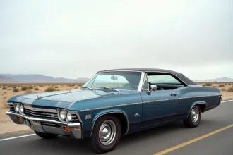 Chevrolet Impala 4 portes 1967 en bleu métallisé minuit photographiée en angle trois quarts avant sur une route désertique américaine des années 1960