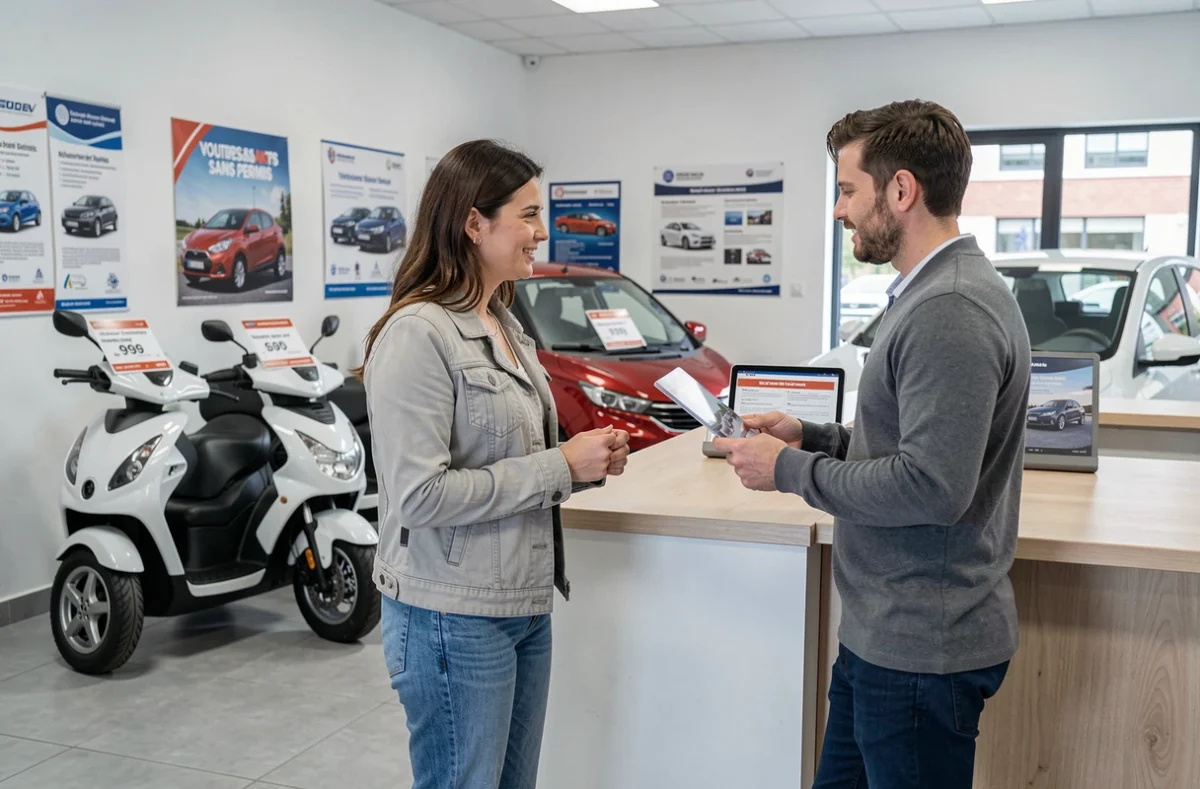 Cliente discutant avec un conseiller dans un garage spécialisé en voitures sans permis