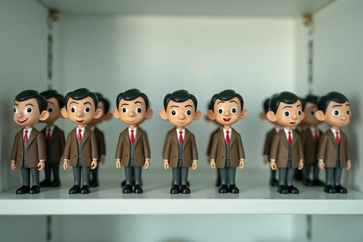 Collection de figurines miniatures Mr. Bean exposées dans une vitrine de collectionneur