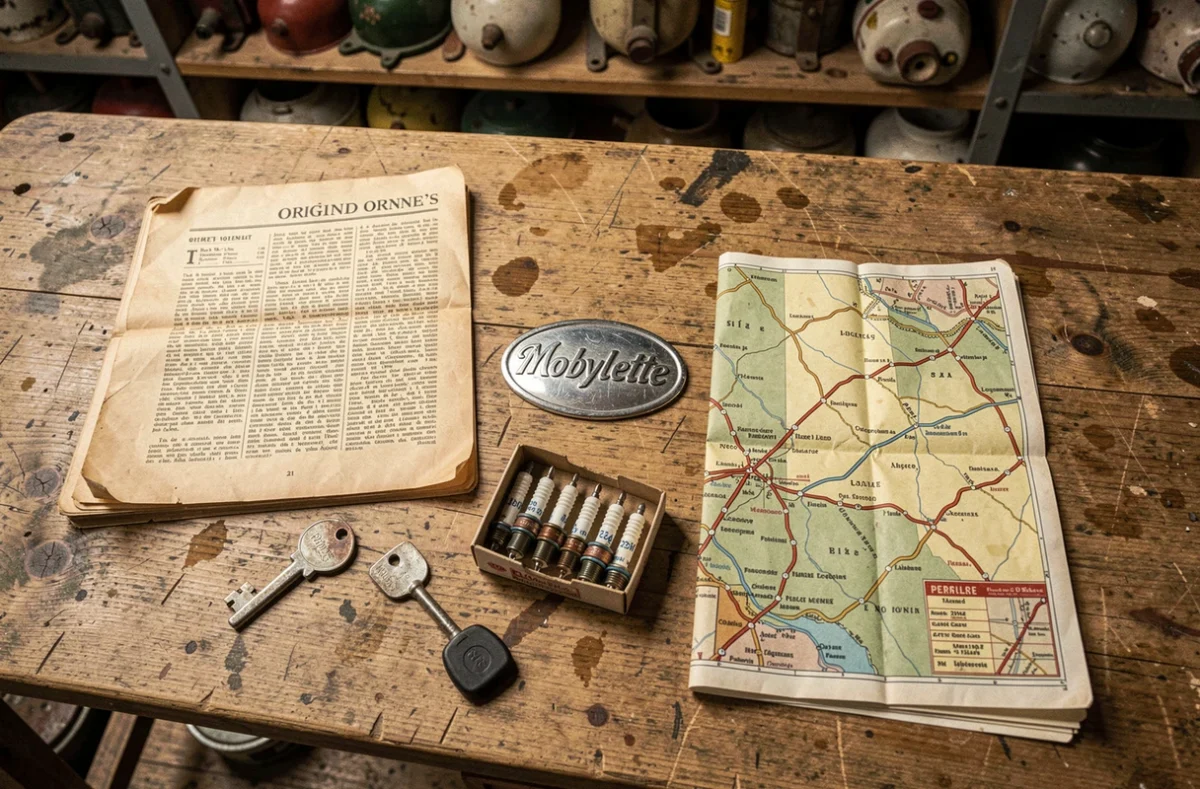 Flat lay de collection vintage Mobylette avec manuel d'origine, badge chromé, bougies d'allumage et carte routière française années 70