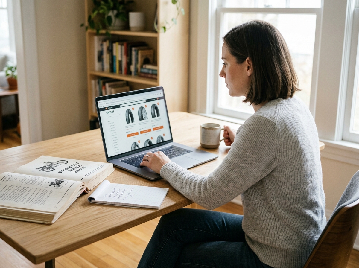 Femme commandant des pneus moto en ligne sur un site e-commerce depuis son bureau à domicile