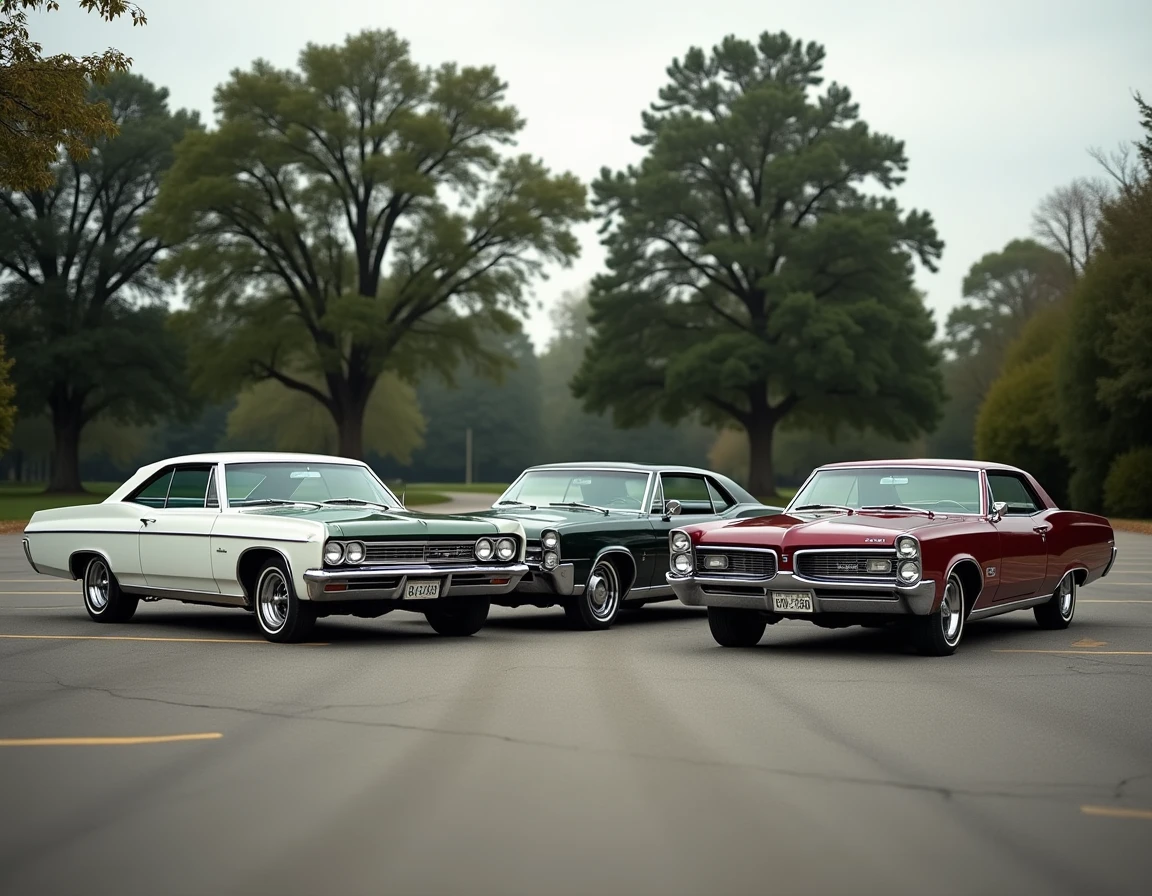 Comparaison de trois grandes américaines des années 1960 : Chevrolet Impala 1967, Ford Galaxie 500 et Pontiac Catalina côte à côte dans un parking suburban