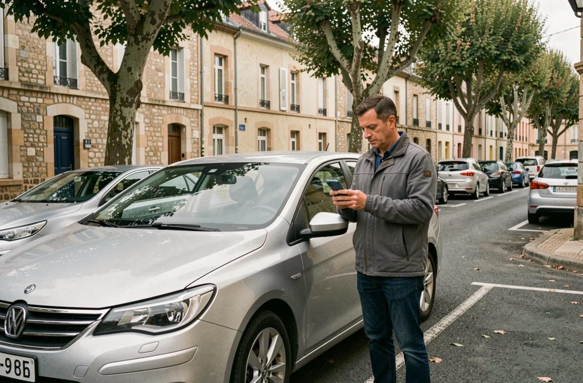 Homme comparant des offres d'assurance auto sur smartphone près de sa voiture à Mont-de-Marsan